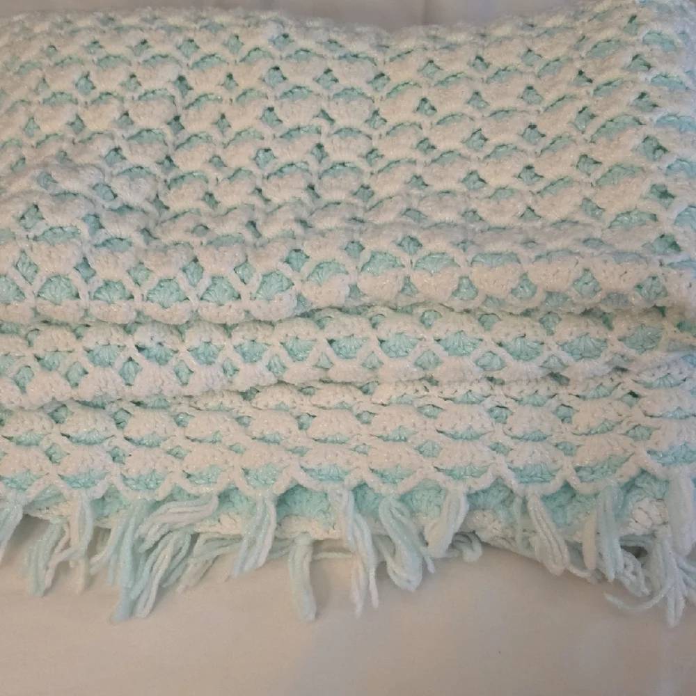 Handmade Afghan Knit Baby Blanket - White and Mint Green